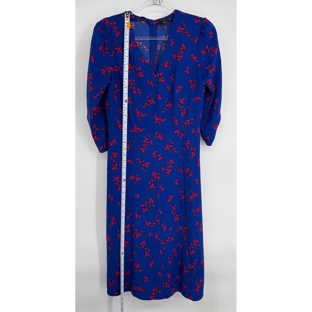Ann Taylor Factory Blue Red Floral V-Neck 3/4 Sleeve Midi Dress Womens Sz 4 - Picture 2 of 8